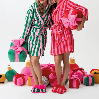 Women’s Winter Plush Robe – Long Sleeve Lapel Tie-Up with Stripe, Heart & Candy Prints Loungewear