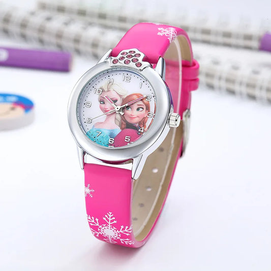 New Princess Elsa Girls Watch – Cute Frozen Cartoon Wristwatch with Leather Strap, Kids Gift Clock