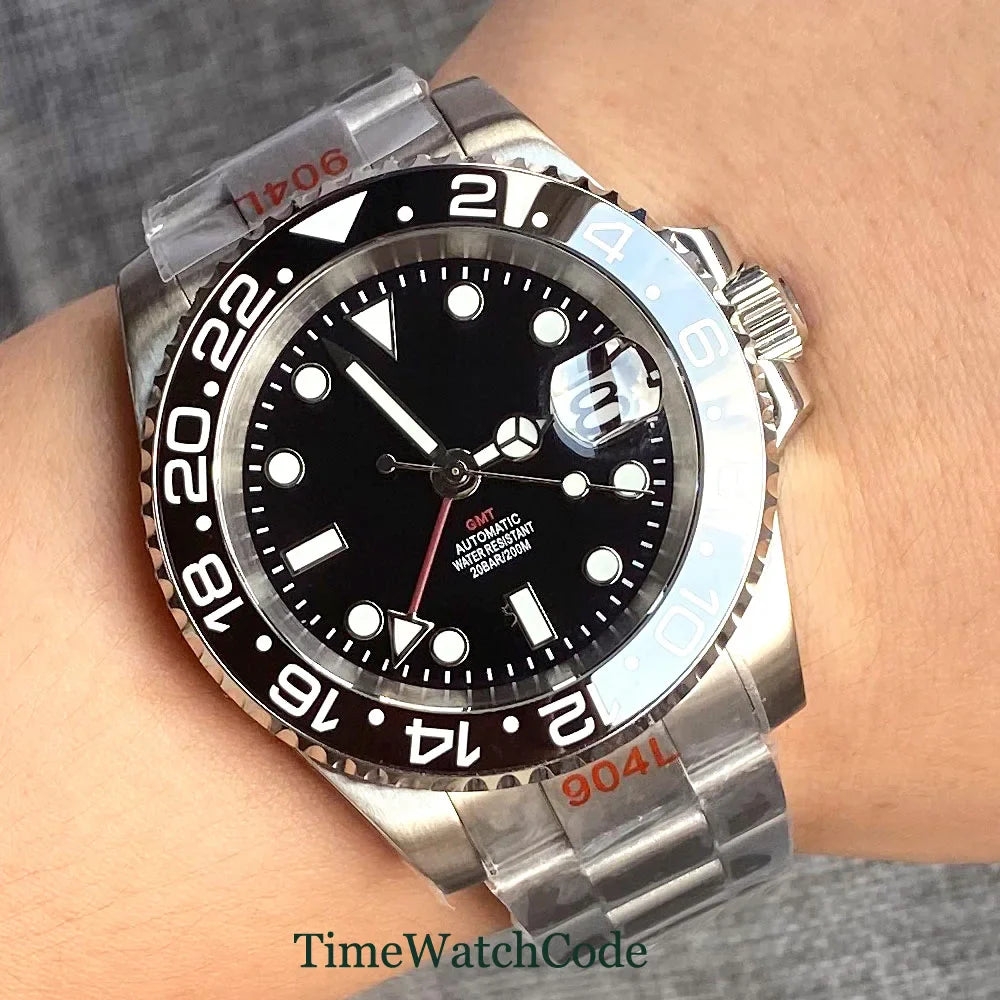 Tandorio 40mm Men’s Automatic Watch – NH34A Movement, GMT Function, Luminous Black Dial, Sapphire Crystal, Auto Date & Rotating Bezel