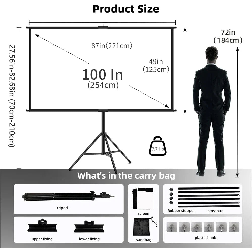 Foldable 16:9 Projector Screen with Stand – Wrinkle-Free 60–120" Portable Home Theater Indoor/Outdoor Screen