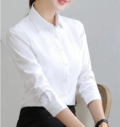 Women’s Solid Button Blouse — Long Sleeve Office Shirt, Elegant Work Top