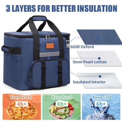 40L Thermal Food Carrier Bag – Large Insulated Cooler Tote with Zipper, Portable Leakproof Picnic Bag for Camping and Beach
