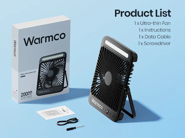 Warmco D4 Portable Desk Fan – 8" Rechargeable Camping Fan with 20000mAh Battery, Light, 48H Runtime, Silent Operation, Digital Display