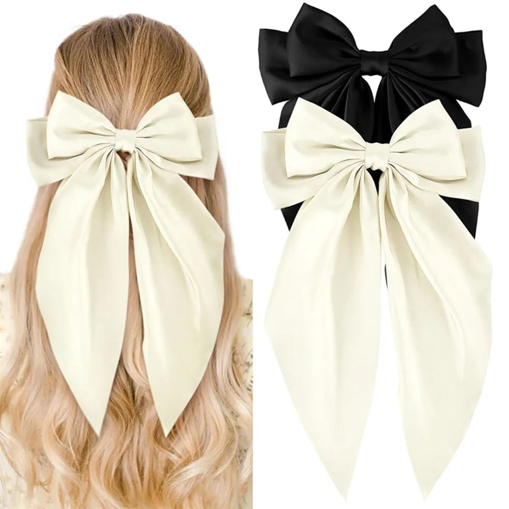 Ladies Satin Oversized Ribbon Bow Hair Clip – White, Pink, Red, Blue, Black, Long Tail Spring Clip for Ponytail Hair Accessories