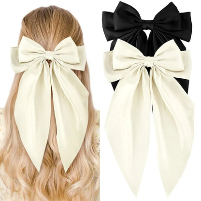 Ladies Satin Oversized Ribbon Bow Hair Clip – White, Pink, Red, Blue, Black, Long Tail Spring Clip for Ponytail Hair Accessories