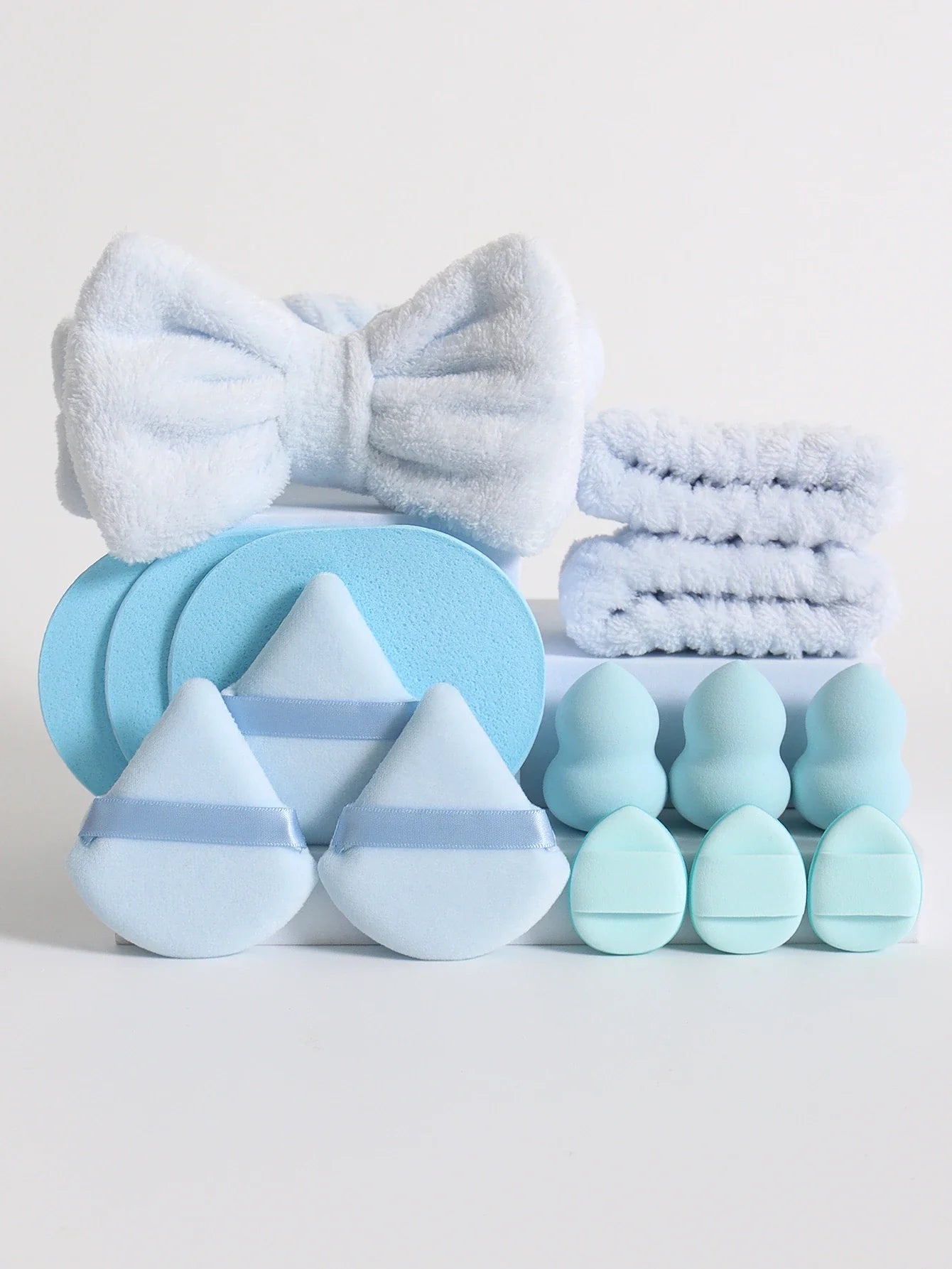 15Pcs Multi-Colored Fluffy Headband & Makeup Sponge Set - Sweet Style Beauty Essentials