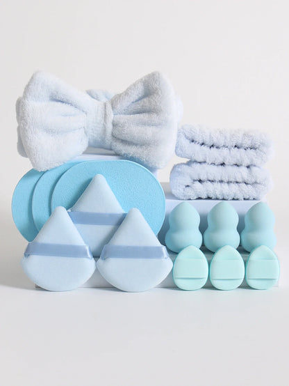 15Pcs Multi-Colored Fluffy Headband & Makeup Sponge Set - Sweet Style Beauty Essentials