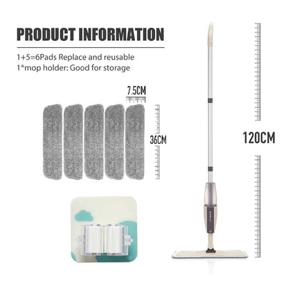 Spray Mop Broom Set — Magic Flat Mop with Rotating Head, Reusable Microfiber Pads for Home Floor Cleaning