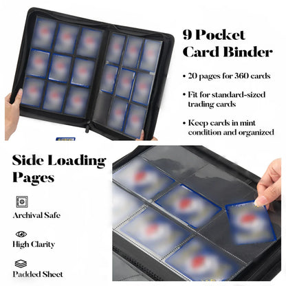 9-Pocket Zipper Card Binder - 360 Trading Card Holder Book, Premium PU Cover, Durable Side Loading Card Binder