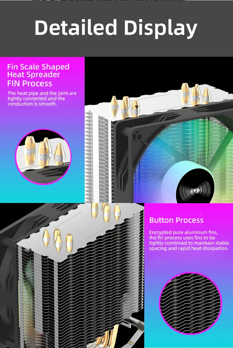 TEUCER CPU Cooler — 4 Heat Pipe Radiator with 3-Pin PWM Silent RGB Fan for Intel LGA 1700/1150/1155/1156/1366 & AMD AM2/AM3/AM4