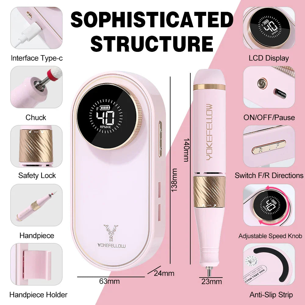 YOKEFELLOW Professional Nail Drill – 40000RPM Rechargeable Electric Nail E-File, Cordless for Acrylic & Gel Nails