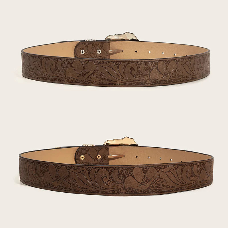 Western Brown PU Leather Vintage Belt for Women — Cowgirl Waist Belt with Metal Carved Buckle, 3-Set Designer Belts for Jeans