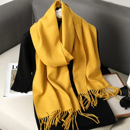62-Color Solid Women’s Winter Scarf — Thick Warm Cashmere Pashmina Shawl with Tassels, Outdoor Luxury Wrap, Windproof Fashion Scarf