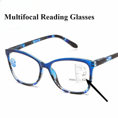 Progressive Multifocal Reading Glasses Anti Blue Light Floral Frame Lightweight Spring Hinges Fashion Eyewear for Men & Women