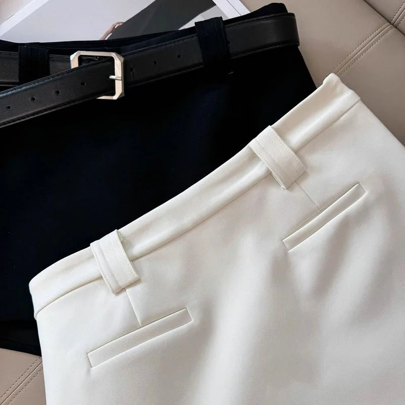Black & White Office Skirt – Sexy Tight A-Line Hip Skirt with Belt, Stylish All-Match Ladies Fashion