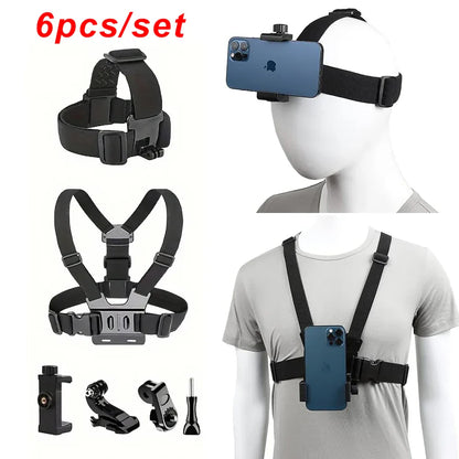 6-in-1 Action Camera Kit – Mobile Phone Head & Chest Strap Mount, Adjustable for GoPro 12, Enhanced Stability and Versatility