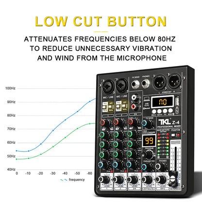 TKL 4-Channel DSP Audio Mixer with 48V Phantom Power, USB, Bluetooth DJ Console for Karaoke Studio Mixing