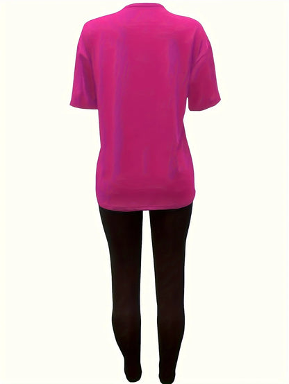 Women’s Plus Size Sports Outfit Set – Abstract Print Long Sleeve T-Shirt Top & Stretch Comfy Fitness Pants Set