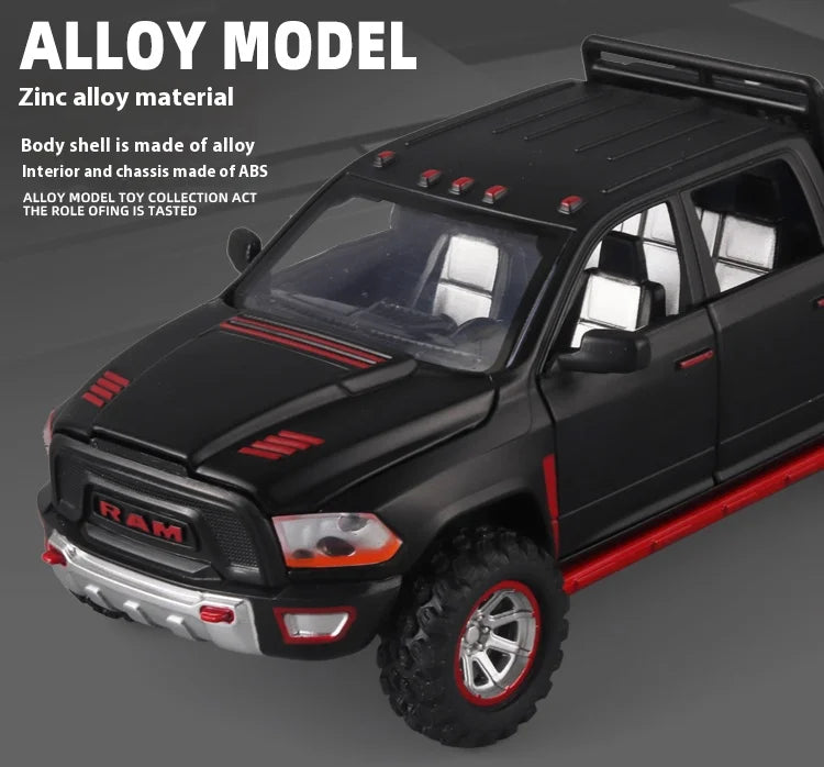 1:32 RAM Pickup Truck Alloy Model – Sound, Light & Spring-Back Action Toy for Kids’ Adventure Play