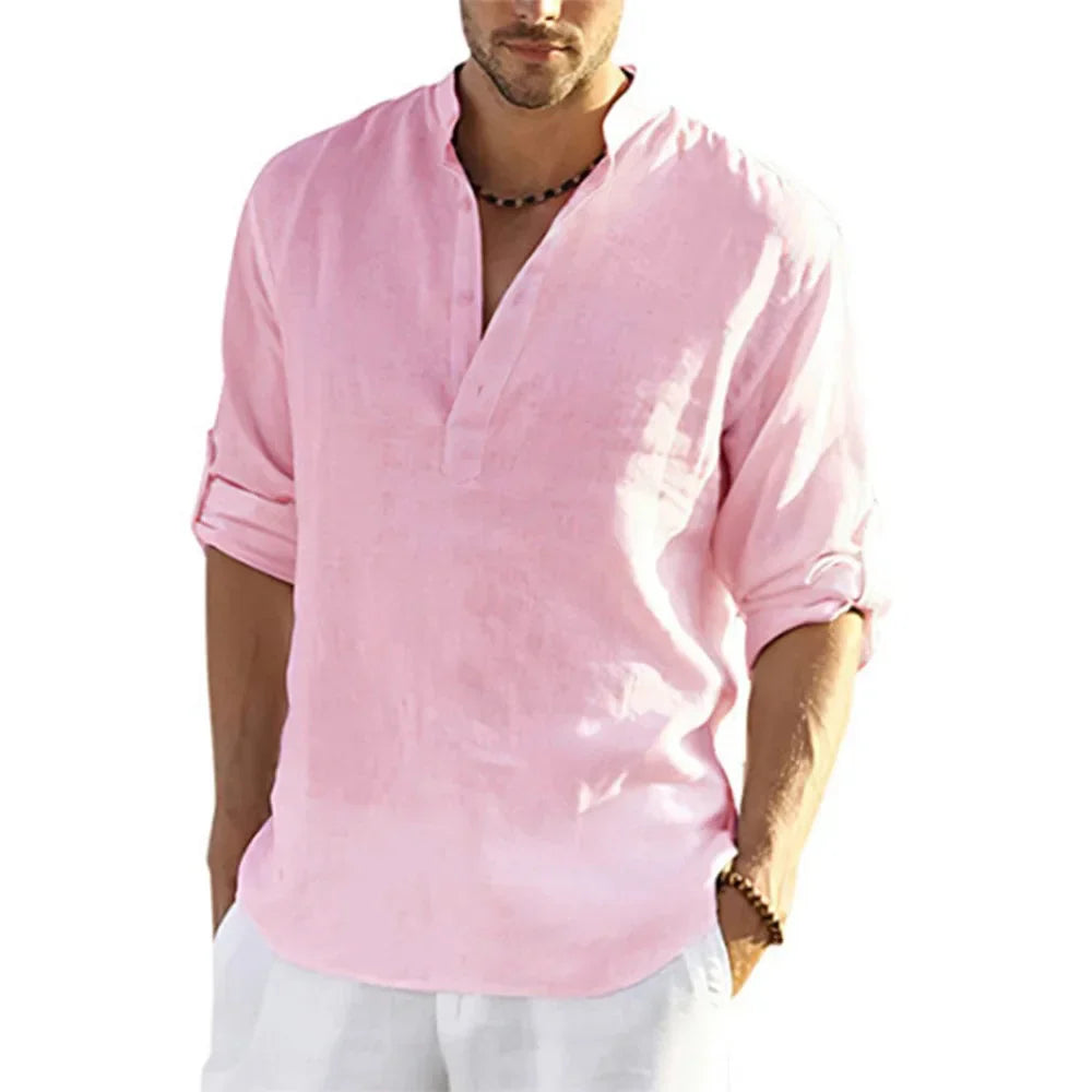 Men’s Cotton Linen Long Sleeve Casual Shirt Loose Fit Breathable Spring Autumn Buttonless Blouse Style Top Fashion Tee S-3XL