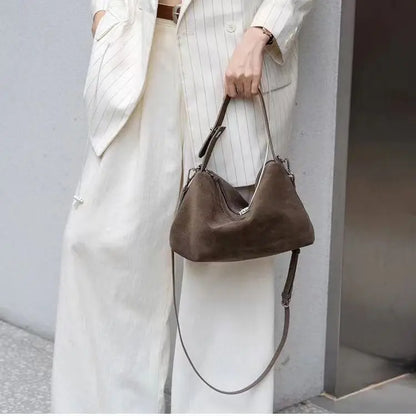 Simple Autumn Winter Grey & Brown Boston Tote — Soft Matte Suede Cow Leather Women's Shoulder Handbag
