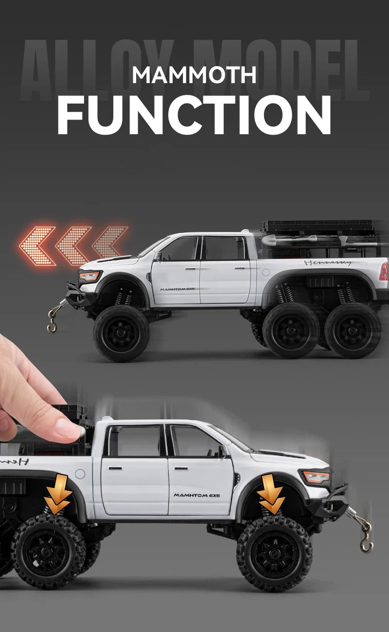 1:24 Dodge Mammoth RAM 1000 TRX 6x6 Diecast Model Car – Metal Alloy Toy with Lights for Kids & Collectors Gift