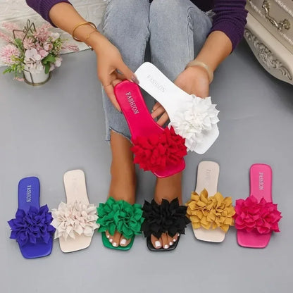 Women's Floral Flat Slippers - Solid Color Open-Toe Summer Beach Slides