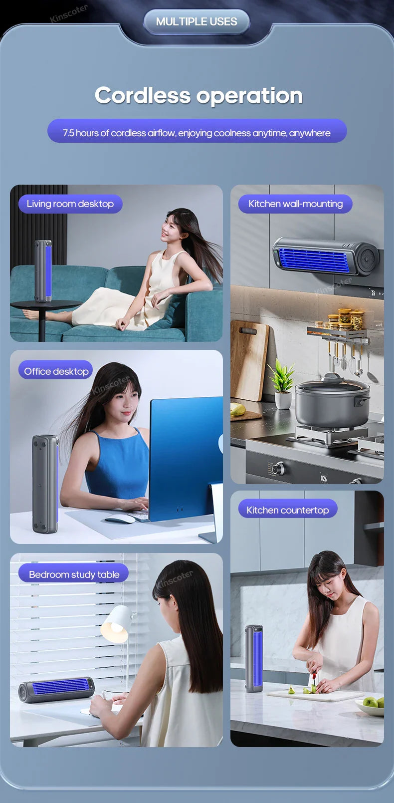 KINSCOTER Portable Air Conditioner Fan – 2000mAh Quiet Desktop Tower Fan, Wall-Mountable Non-Drilling Circulating Fan with 3 Adjustable Speeds