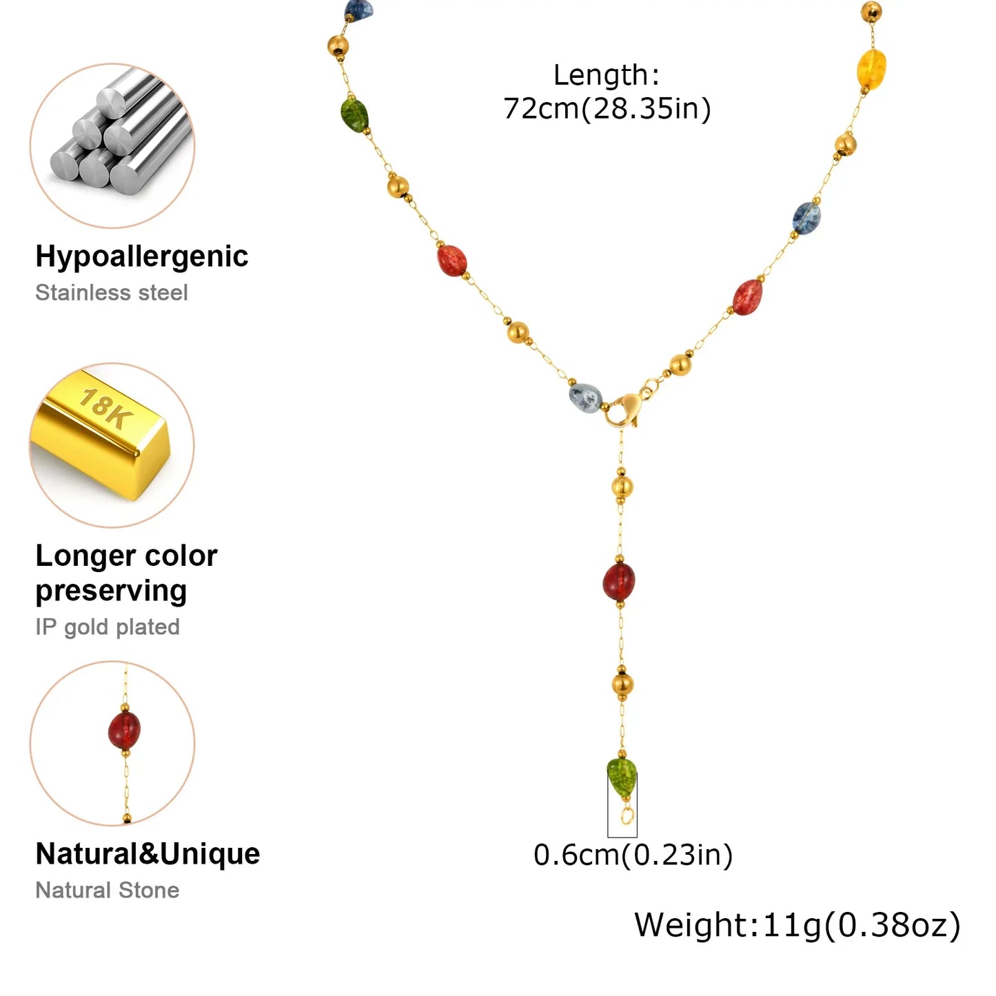 Colorful Rainbow Stone Boho Necklace - Stainless Steel Beaded Y-Shaped Chain Jewelry for Women’s Fashion Style
