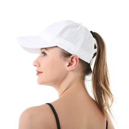 Summer Solid Color Baseball Cap – Quick-Drying Mesh Golf & Sports Hat for Women, Cross Ponytail Design, Men's Peaked Cap