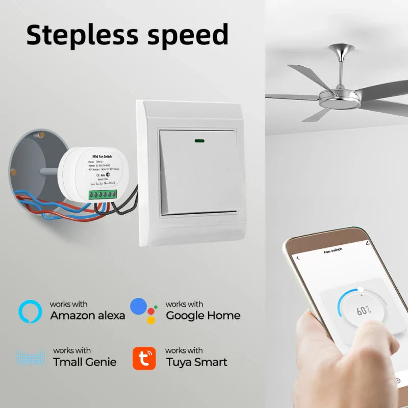 Tuya WiFi Mini Smart Fan Speed Controller – DIY Ceiling Fan Switch, Remote & Voice Control, Alexa & Google Home Compatible