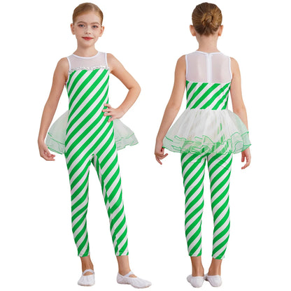 Kids Candy Cane Striped Christmas Tutu Leotard — Sequined Santa Bodysuit for Ballet & Gymnastics