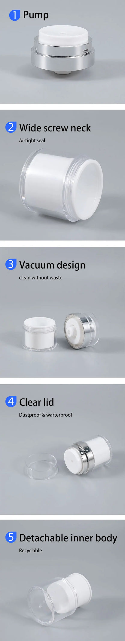 15/30/50g Empty Airless Pump Jar — Refillable Acrylic Vacuum Bottle for Makeup, Lotion & Cosmetics