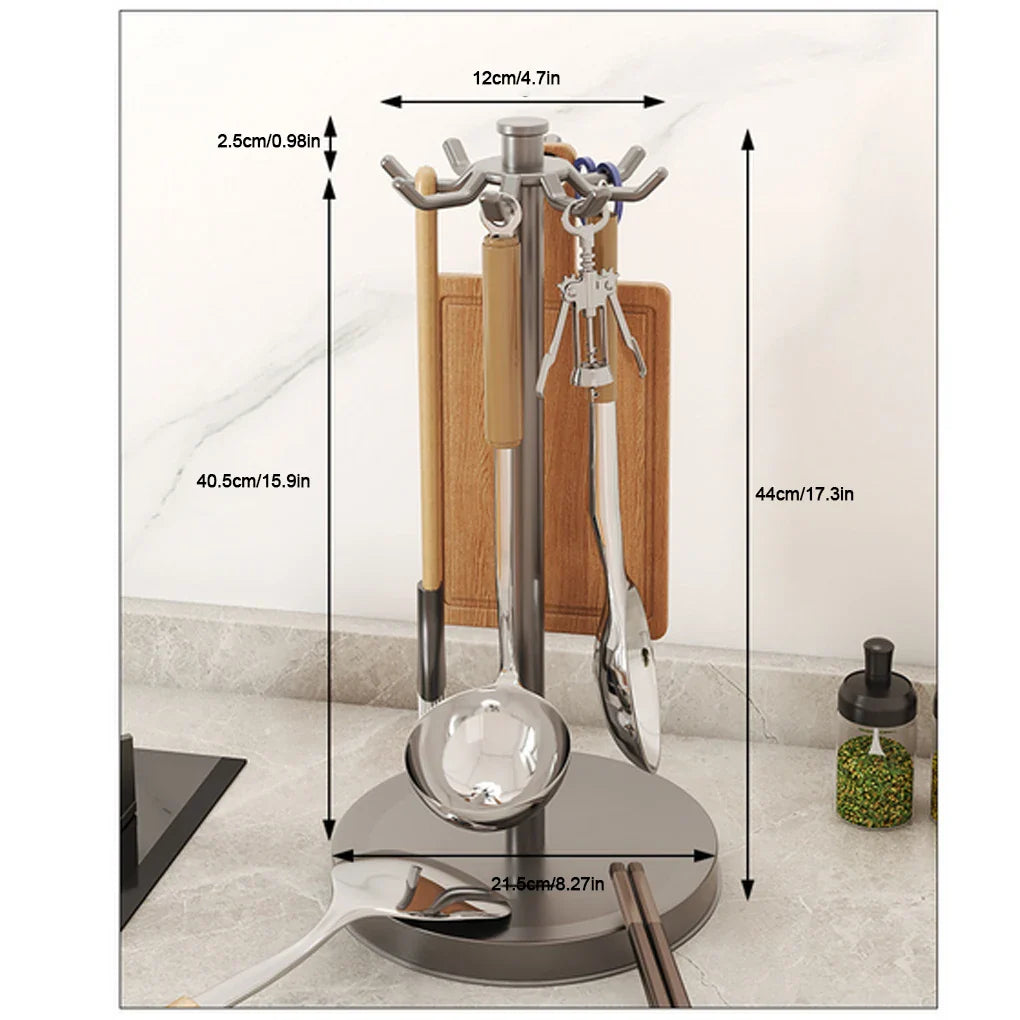Rotating Kitchen Utensil Stand — 8-Hook Countertop Organizer for Cooking Tools