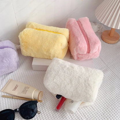 Solid Fur Cosmetic Storage Bag – Large Women’s Zipper Makeup Organizer Handbag, Stationery & Travel Toiletry Case