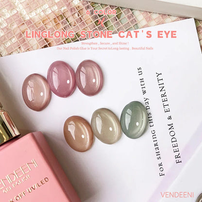 Vendeeni 6-Color Magnetic Cat Eye Gel Nail Polish Set – Pink UV LED Soak-Off Gel with Crystal Effect & Display