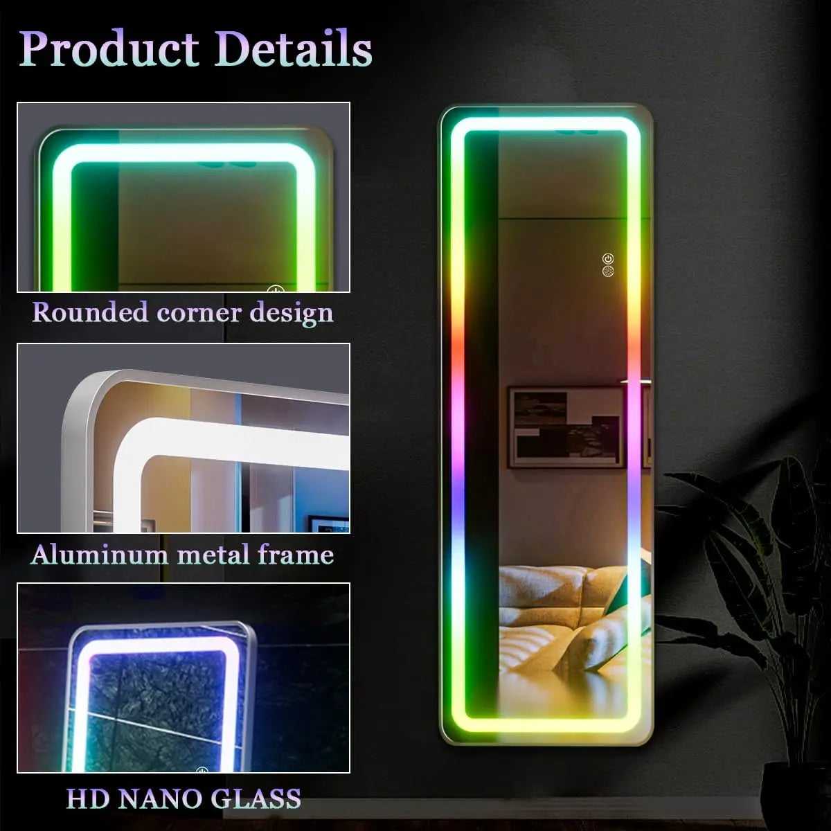 RGB Full-Length LED Mirror – 60"x16" Full Body Wall-Mounted Mirror with Dimming & 7 Color Changing Lights