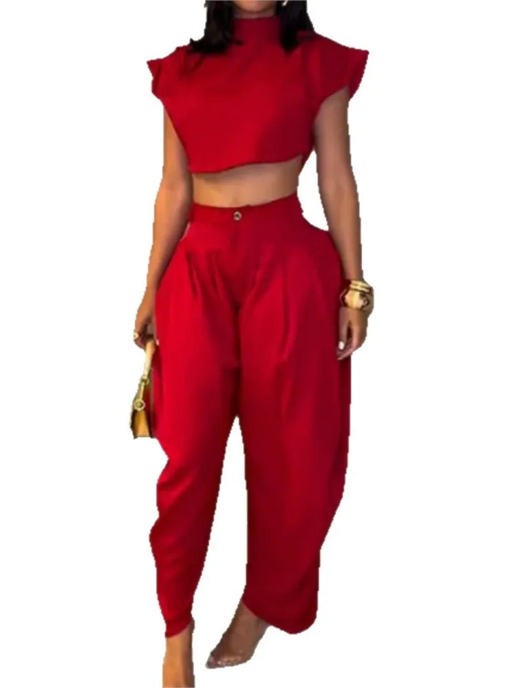 Women’s Summer Two-Piece Set – High Waist Trousers & Elegant Black Top for Casual Fashion