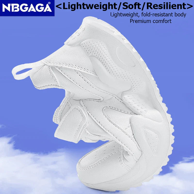 White Kids Leather Casual Shoes — Boys & Girls Outdoor Running Sneakers, Breathable Mesh, Non-Slip School Walking Sport Shoes