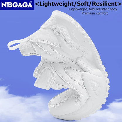 White Kids Leather Casual Shoes — Boys & Girls Outdoor Running Sneakers, Breathable Mesh, Non-Slip School Walking Sport Shoes