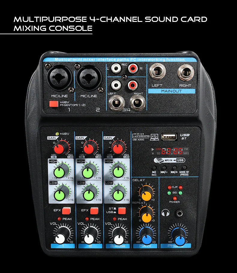4 Channel DJ Mixer Console – Bluetooth, 48V Phantom Power, USB Audio Interface for Monitor & Karaoke System