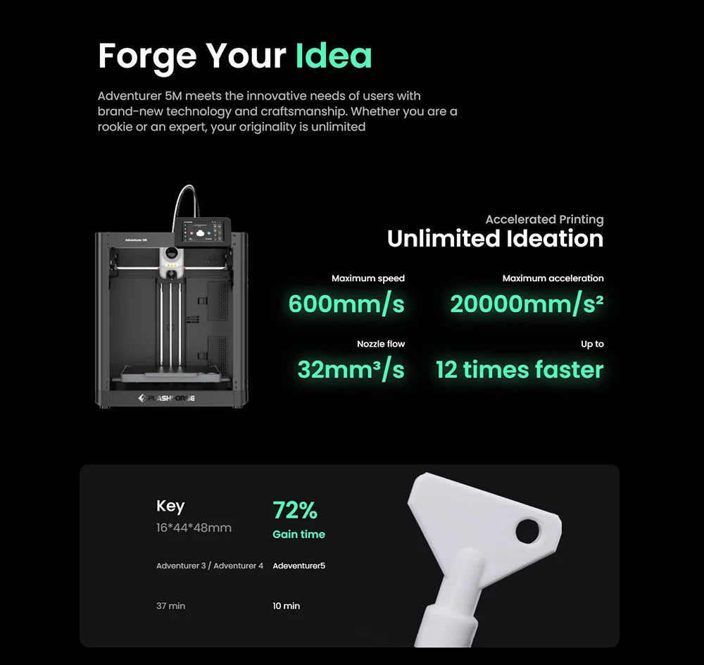 Flashforge Adventurer 5M 3D Printer – High-Speed, Full-Auto Leveling, Direct Extruder, Power Loss Recovery & Flexible PEI Plate