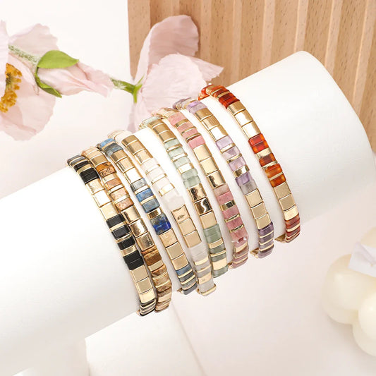 ZMZY Stone Tila Beads Elastic Bracelet for Women – 2025 Fashion Colorful Rainbow Miyuki Tile Bead Jewelry Gift Bracelet