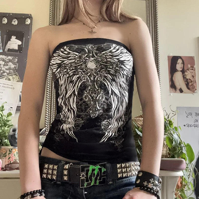 Women’s Gothic Strapless Tube Top - Black Cropped Graphic Vest for Summer Y2K Streetwear & Casual Outfits