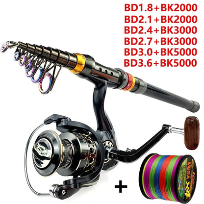 Spinning Fishing Rod & Reel Combo - 1.8-3.6M Carbon Fiber Sea Pole with 5.2:1 Gear Ratio Reel & Line Kit for Bass Fishing