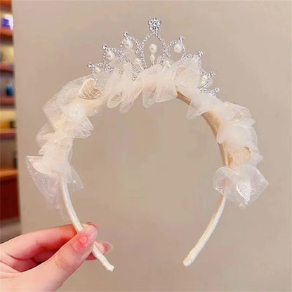 Girls Pearl Crown Headband - Sweet Princess Mesh Hair Hoop for Birthday Parties