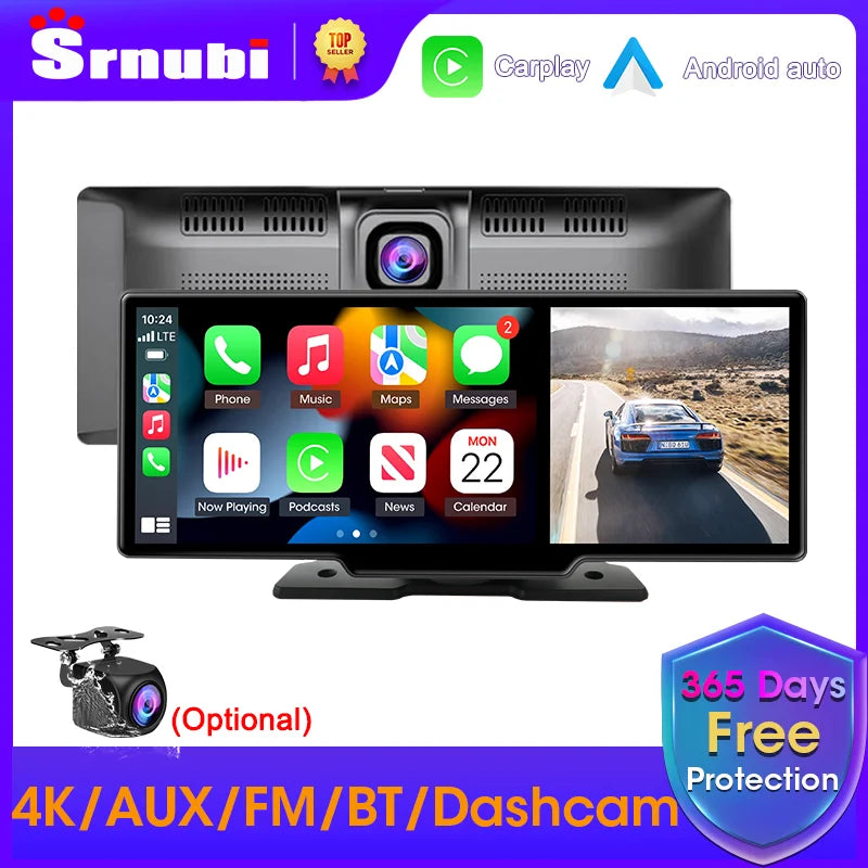 Srnubi 10.26 Inch Dash Cam Rearview Mirror - CarPlay & Android Auto DVR with GPS Navigation, Video Dashboard Monitor
