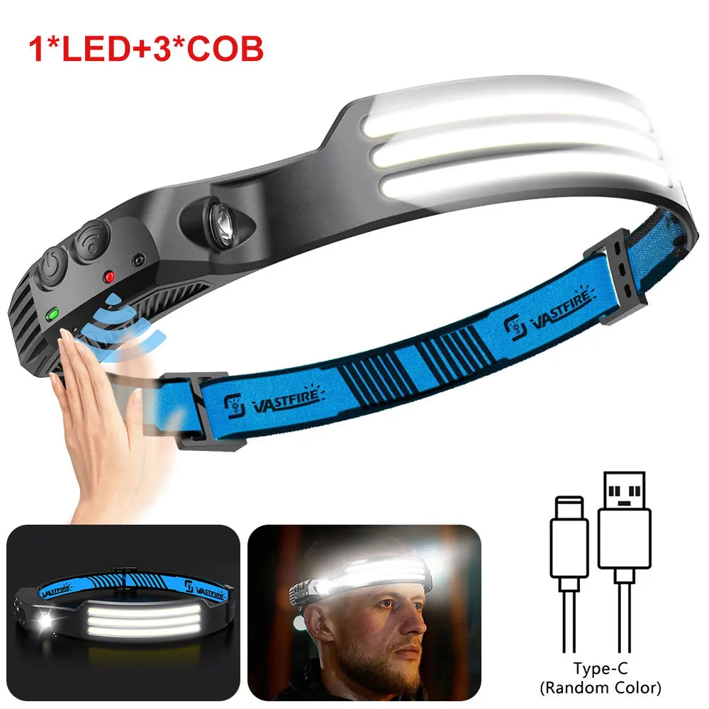 LED Sensor Headlamp – Built-in Battery 270° Wide Beam USB Rechargeable Head Flashlight, Ultra Bright Outdoor Headlight for Camping, Fishing & Work Use