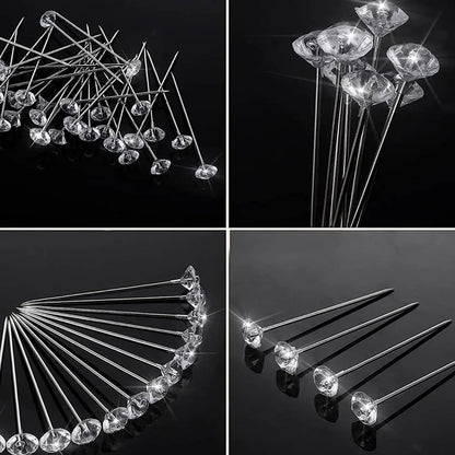 1Box 50Pcs Alloy Pins – Transparent Diamond Wedding Bouquet Pins & Stitching Needles, Plastic Box Sewing Accessories