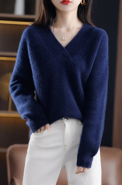 Women’s Knitted V-Neck Sweater – Long Sleeve Solid Pullover Knit Top